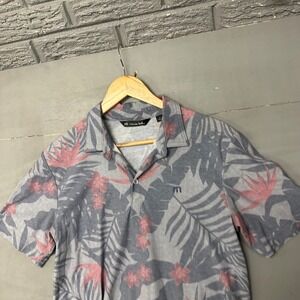 TravisMathew Golf Polo Shirt Mens Size M Short Sleeve Floral Print Blue Pink